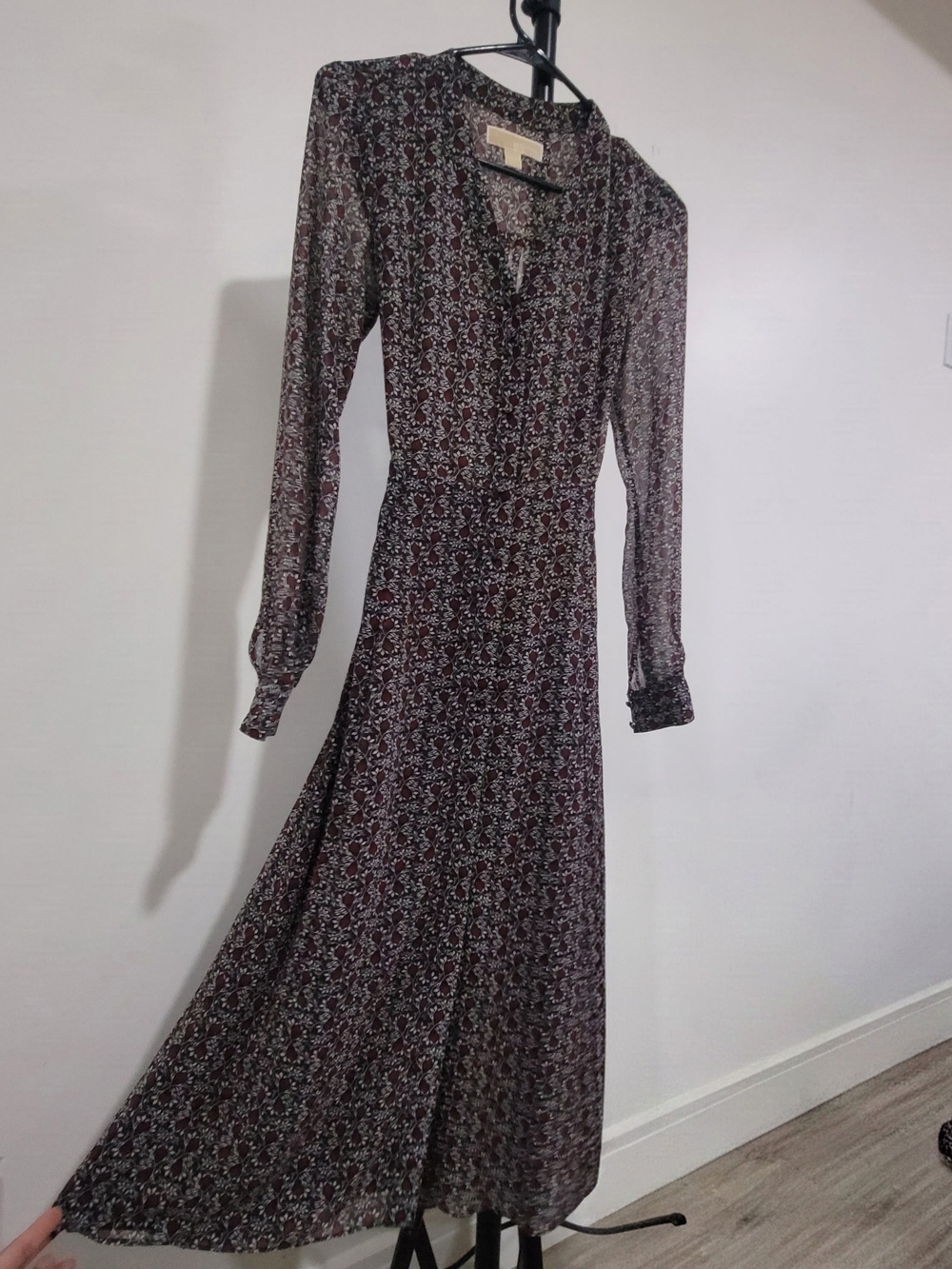 MICHAEL Michael Kors Long-Sleeve Floral Maxi Dress in Burgundy and Black